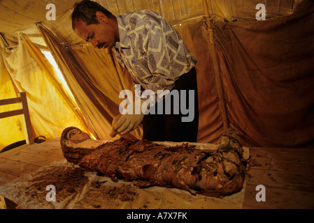 L'Égypte, Bahariya Oasis, Valley of the Golden Mummies, maman d'un garçon nettoyés par restaurateur Banque D'Images