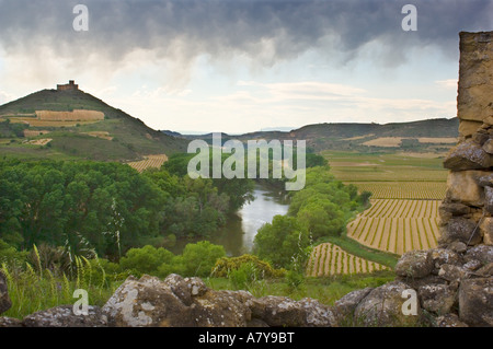 Château au-dessus de la rivière Ebro de vignes le long de la côte de San Vicente à Baños de Ebro Road dans la région de la Rioja d'Espagne. Banque D'Images