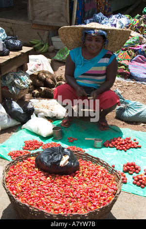 Femmes négociant avec des escargots de tigre ouest-africains géants à vendre Sur un panier de piments frais à l'air libre de Bogoso Marché alimentaire ouest du Ghana Banque D'Images