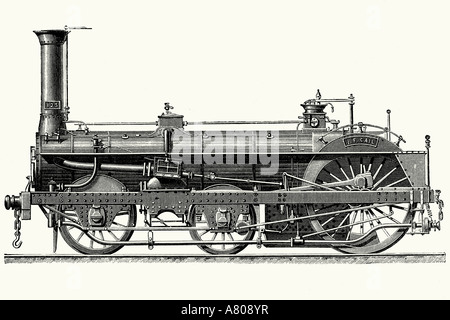Locomotive à vapeur Crampton. Illustration d'antiquités. 1882 Banque D'Images
