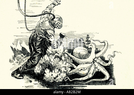 Diver luttant contre un gros poulpe. Illustration d'antiquités. 1933 Banque D'Images