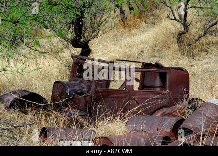 La rouille s 1920 caisse de wagon dans les hautes terres désertiques du sud de l'Arizona Banque D'Images