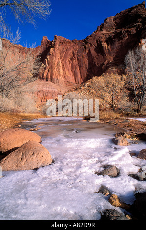 Les falaises en grès rouge au-dessus de la rivière Fremont congelé à Fruita Waterpocket Fold Capitol Reef National Park Utah Banque D'Images