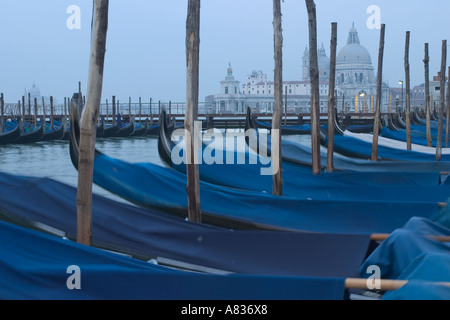 Gondoles à l'amarrage le long de la molo à la direction San Maria della Salute Banque D'Images