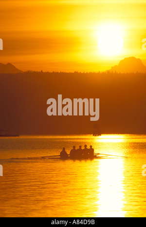 L'aviron de l'équipage dans le lever du soleil sur le lac Washington Washington Banque D'Images