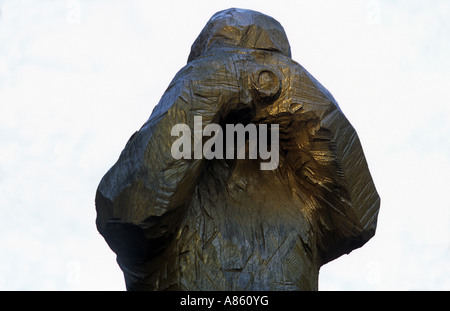 La sculpture contemporaine d'un photographe taillée dans une souche d'arbre dans une forêt, Leichlingen, Rhénanie du Nord-Westphalie, Allemagne. Banque D'Images