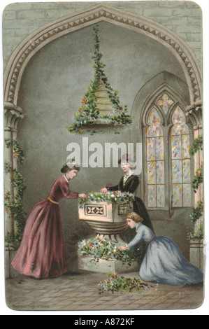 Carte de vœux de Noël avec décorations d'église vers 1880 Banque D'Images