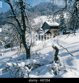 Chalet dans la neige profonde, Araches, Haute Savoie, Alpes, France Banque D'Images