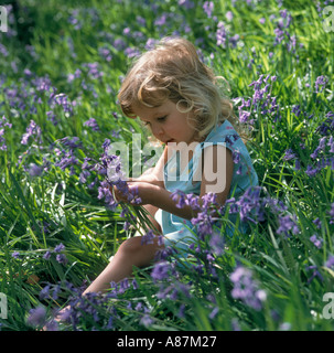 Portrait d'une petite fille assise dans Field of Bluebells, West Yorkshire, Angleterre, Royaume-Uni Banque D'Images