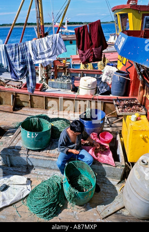 L'appâtage des lignes de pêche pêcheur sur un chalutier à Ancud sur l'île de Chiloé au Chili Banque D'Images