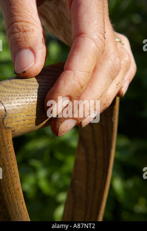 Modèle femme libérée avec dirty hand holding une fourche à bêcher Dorset England UK Banque D'Images