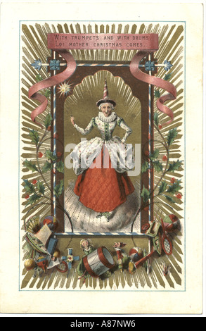 Carte de souhaits montrant Mère Noël Christmas vers 1875 Banque D'Images