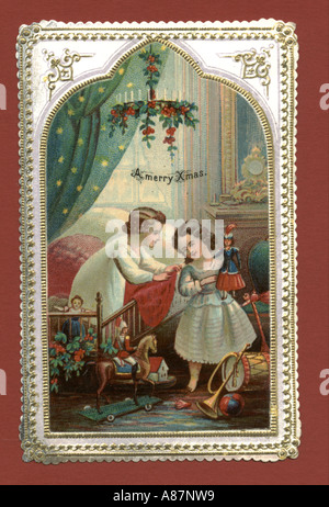 Carte de Vœux de Noël montrant les enfants avec les jouets vers 1870 Banque D'Images