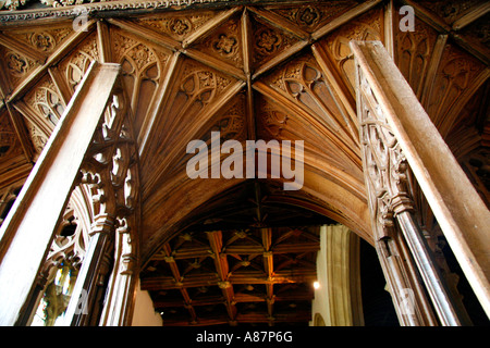 Ventilateur plafond voûté, l'intérieur de l'église prieurale St George's, Dunster, Somerset, UK Banque D'Images