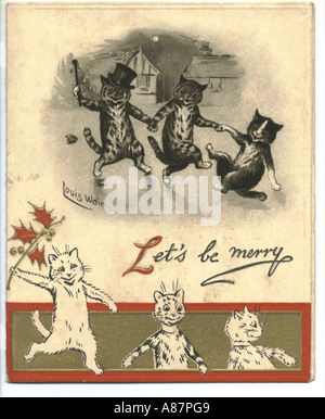 Carte de vœux de Noël pliante des chats célébrant par Louis Wain vers 1905 Banque D'Images