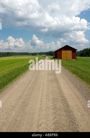 Scène de la campagne finlandaise. Vider la route de terre traversant les terres agricoles en Finlande Banque D'Images