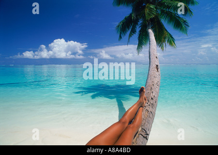 Tan jambes détente sur palmier sur une plage de sable blanc avec de l'eau aqua Banque D'Images