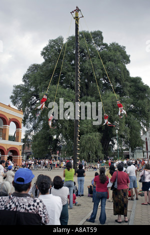 Los Voladores de Papantla un groupe exécutant des cérémonies traditionnelles des Indiens du Mexique lors d'un spectacle à Tule au Mexique Banque D'Images