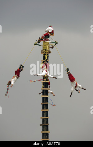 Los Voladores de Papantla un groupe exécutant des cérémonies traditionnelles des Indiens du Mexique lors d'un spectacle à Tule au Mexique Banque D'Images