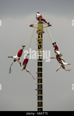 Los Voladores de Papantla un groupe exécutant des cérémonies traditionnelles des Indiens du Mexique lors d'un spectacle à Tule au Mexique Banque D'Images