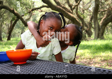 Deux sœurs jumelles Afro-américain assis à la table de pique-nique dans le parc d'amusement. Banque D'Images