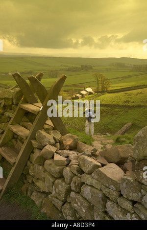 Un contrôle sur sa route walker Mur d'Hadrien près de Steel Rigg, Northumberland Banque D'Images