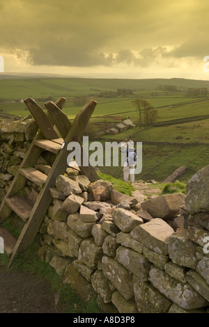 Un contrôle sur sa route walker Mur d'Hadrien près de Steel Rigg, Northumberland Banque D'Images