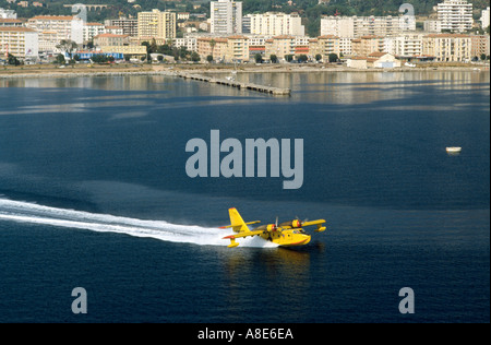 Vue aérienne d'un avion Bombardier d'eau Canadair feu écopant l'eau de mer, baie d'Ajaccio, Corse, France, Europe, Banque D'Images