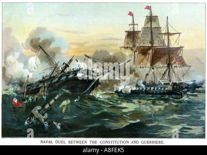 Bataille navale entre la frégate USS Constitution et le navire britannique guerrière dans la guerre de 1812. Lithographie couleur Banque D'Images