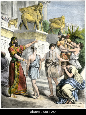 Les esclaves Israélites pendant la captivité babylonienne après la chute de Jérusalem en 586 avant JC. À la main, gravure sur bois Banque D'Images