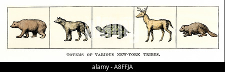 Les Totems de New York diverses tribus américaines autochtones y compris le loup l'ours et le castor. cerf tortue À la main, gravure sur bois Banque D'Images