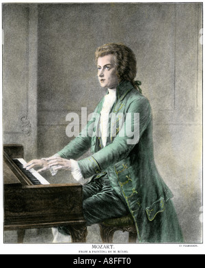 Wolfgang Amadeus Mozart au clavier. La main, d'une illustration de demi-teinte Banque D'Images