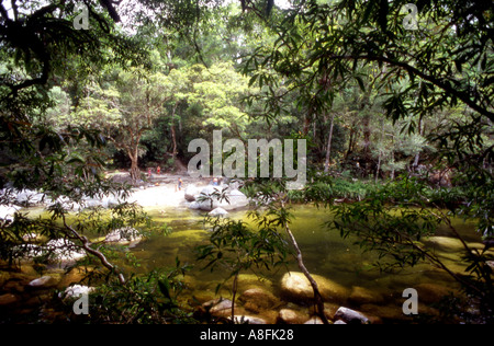 Les baigneurs s'échapper la chaleur avec un bain rafraîchissant dans la rivière Mossman Parc national de Daintree Queensland Australie Banque D'Images