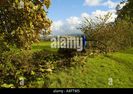 Un passage walker une petite passerelle en Dentdale, Yorkshire Dales National Park, Yorkshire, Angleterre, Royaume-Uni Banque D'Images