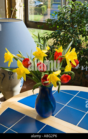 Un arrangement coloré de tulipes rouges et jaunes jonquilles dans un vase bleu Banque D'Images