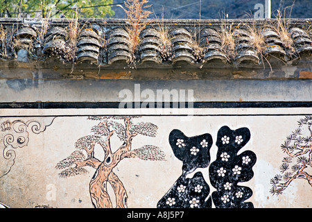 Chine Chuandixia mauvaises herbes qui poussent entre les tuiles du toit au-dessus de wall mural de ferme en pierre traditionnelle Banque D'Images