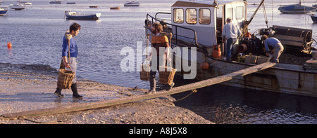 les archives des années 1980 voient des hommes sur une planche de marche à l'aide de chapes d'épaule Pour transporter des paniers de poisson de coquillages du bateau de pêche 80s Leigh Sur Sea Southend Essex Angleterre Royaume-Uni Banque D'Images