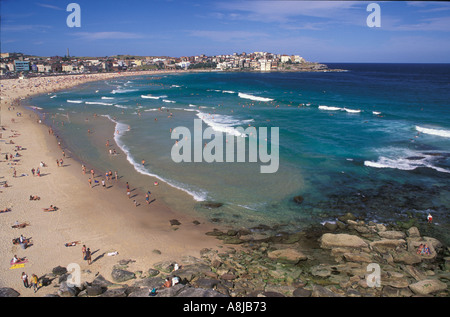 Soleil ciel bleu mer surf nageurs surfeurs et baigneurs sur la plage de Bondi en courbe Sydney Australie Banque D'Images