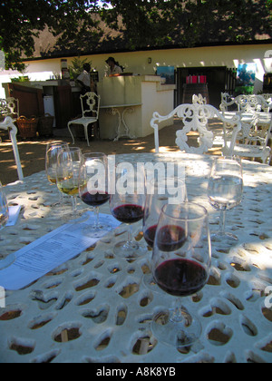 Libre de verres de vin mis en place pour la dégustation du vin au vignoble Boschendal Franschhoek Valley de l'Afrique du Sud Banque D'Images