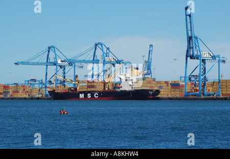 Les grues chargent des conteneurs dans une classe de conteneurs de MSC Mediterranean Shipping Company dans le port de Puerto de la Luz. À Las Palmas, Grande Canarie, Espagne Banque D'Images