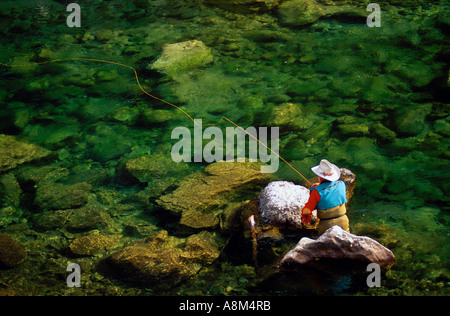 California Fly Fisherman casting pour la truite dans un ruisseau de montagne clair MR Banque D'Images