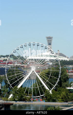 Grande roue avec en arrière-plan du Stade Olympique Montréal Québec Banque D'Images