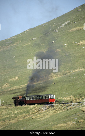 Près de Llanberis Snowdon Mountain Railway train à vapeur sur la voie en pente sur le chemin vers le sommet Banque D'Images