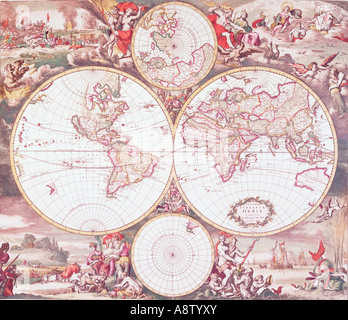 La nature morte de vieux classique carte du monde. Terrarum Orbis Tabula par Frederick de Wit, vers 1675. Banque D'Images