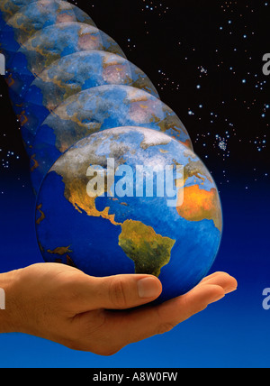 Montage Concept de la planète Terre planète rebondir dans la paume de la main de l'homme. Banque D'Images