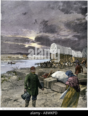 De nouveaux colons sur les terres de la colonisation grande réserve Sioux Dakota du Sud 1890. À la main, gravure sur bois Banque D'Images