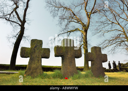 Les tombes de soldats allemands dans le cimetière militaire de Langemark, avec un coquelicot à l'encontre de l'un d'entre eux. Des statues dans l'arrière-plan Banque D'Images