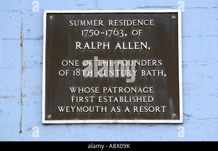 Plaque sur chambre de Ralph Allen l'un des fondateurs de la baignoire de style géorgien à Weymouth Dorset England UK Banque D'Images