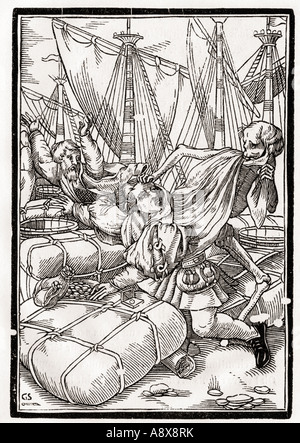 La mort vient au commerçant. Bois coupé par Georg Scharffenberg après Holbein le jeune. De Der Todten Tanz ou danse de la mort Banque D'Images