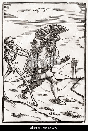 La mort vient au Peddler. Bois de Georg Scharffenberg après Hans Holbein le Jeune, de Der Todten Tanz. Banque D'Images